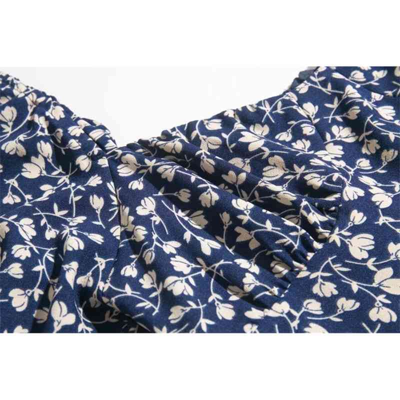 Vintage France Style Elegant Floral Print Slim Short Sleeve Dress Chic Ruffles A-line Midi Women Dresses Back zipper 210429