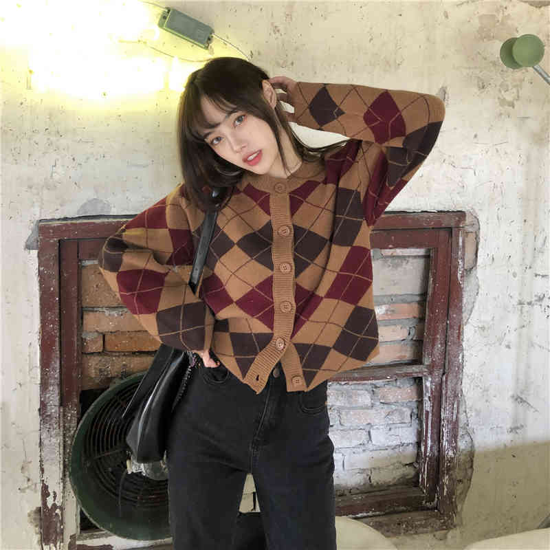 2Colors autumn and winter korean style o neck knittd cardigans womens loose plaid Vintage sweaters cardigan womens(C9908) 210423