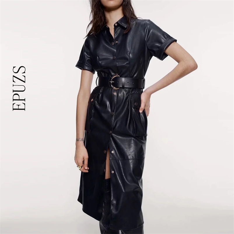Winter button belt PU leather dress women midi Vintage casual short sleeve office black korean vestidos 210521
Winter button belt PU leather dress women midi Vintage casual short sleeve office black korean vestidos 210521