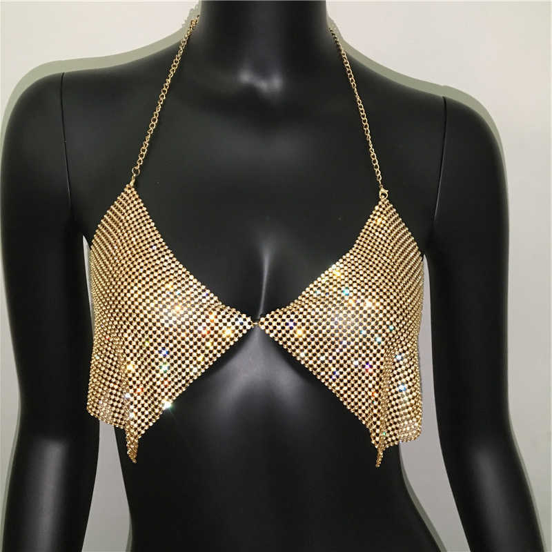 Bling Silver Gold Rhinestones Halter Bra Crop Top Women Sexy Backless Deep V Neck See Through Summer Beach Tank Tops 210607