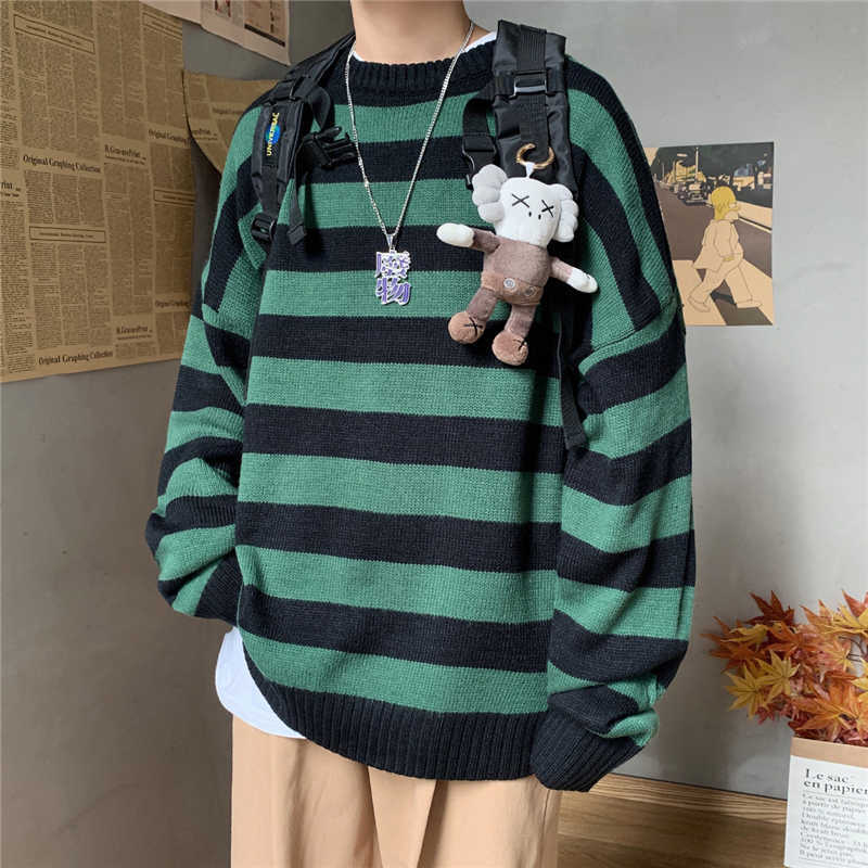 FOJAGANTO Men's Autumn Round Neck Sweater Korean Loose Casual Oversize Knit Pullover Youth Trend Fashion Striped Sweater Men 210818