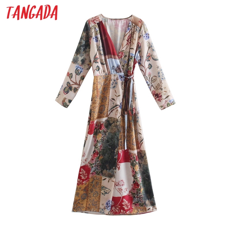 Fashion Women Floral Print with Slash Vintage Long Sleeve Ladies Dress 5Z70 210416