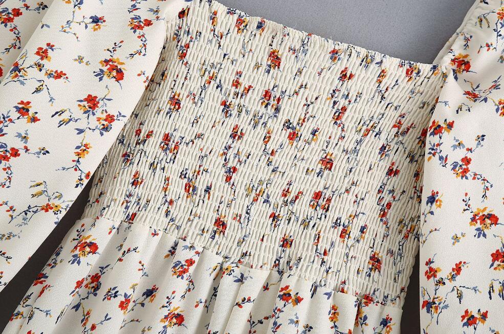Spring Retro Floral Print Women Midi Dress Woman Vintage French Square Collar Chiffon Split Long sleeve Dresses Holiday 210429