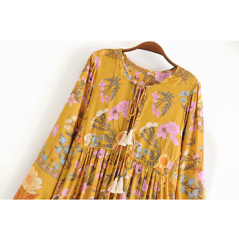 V-neck Vacation Style Waist Tassel Female Dress Solanum Print Long-sleeved Seaside Beach Female Dress Summer 210507