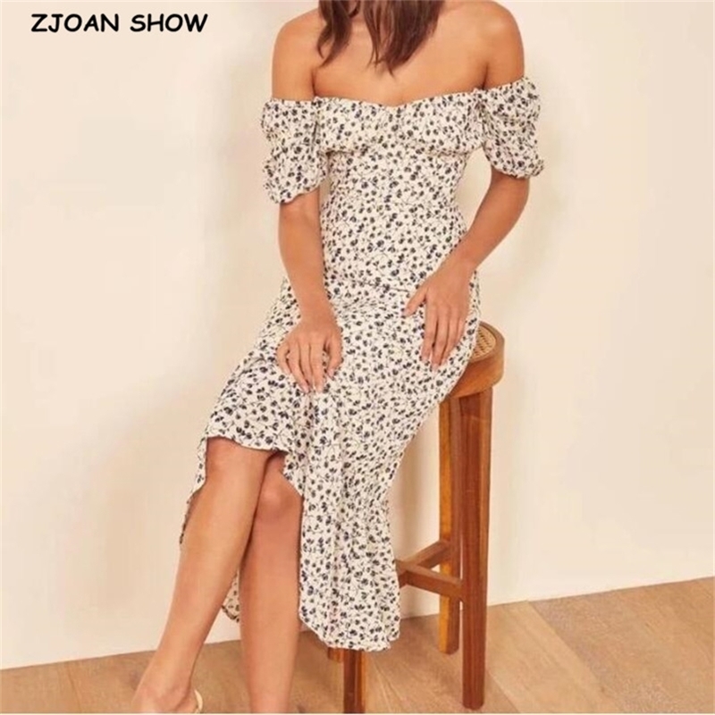 Vintage France Style Elegant Floral Print Slim Short Sleeve Dress Chic Ruffles A-line Midi Women Dresses Back zipper 210429