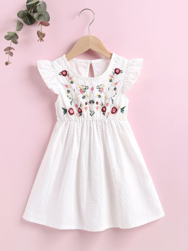 Toddler Girls Swiss Dot Floral Embroidery Ruffle A-line Dress SHE