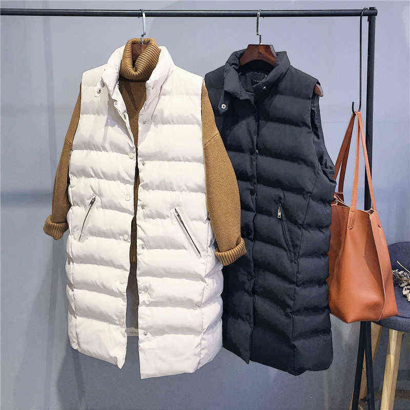 Autumn Winter Women's Solid Loose Vest Stand Collar Long Bodywarm Cotton Padded Windproof Warm Waistcoat 211120