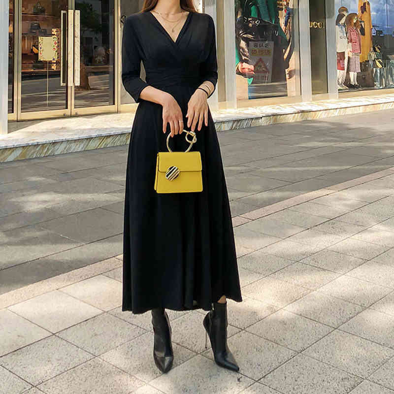 V-Neck Solid Midi Dress Women Bow Belt Vintage Elegant Party High Waist A-Line Female Sexy Vestidos 13020 210508