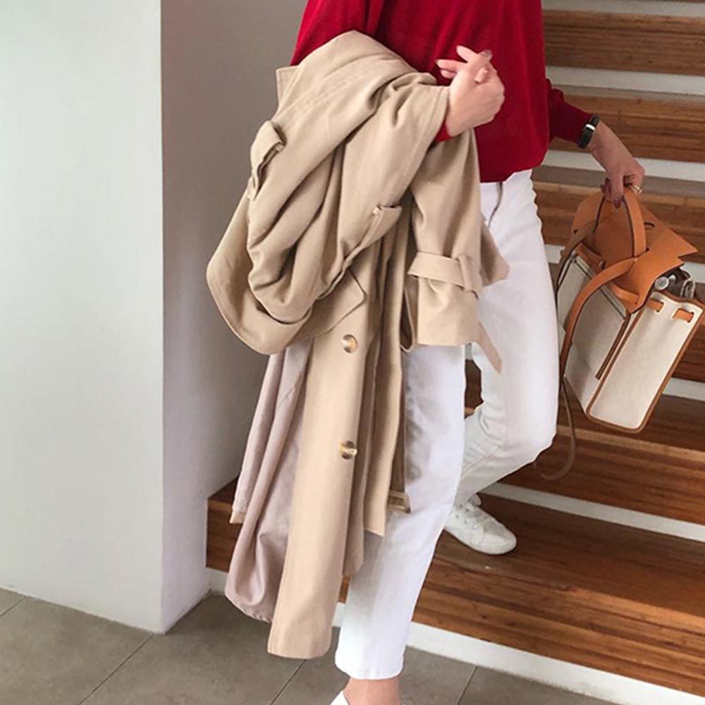 Women Double-Breasted Trench Coat with Belt Classical Lapel Collar Loose Long Windbreaker Russia style Chic Outwear 210428