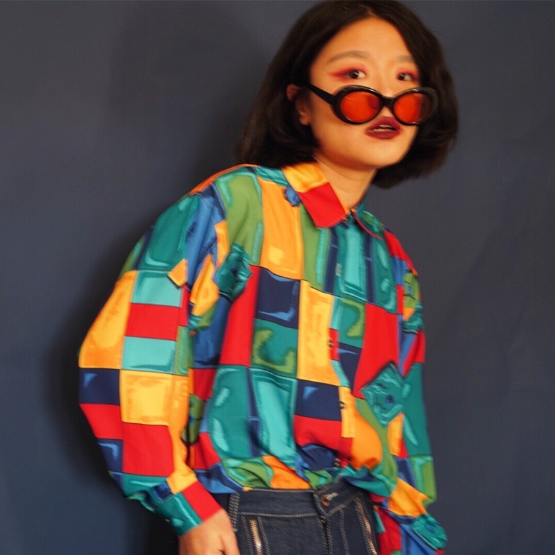 Women Geometr Pattern Print Casual Plus Size Blouse Lapel Long Sleeve Loose Fit Shirt Colourful Holiday Spring Autumn 210421