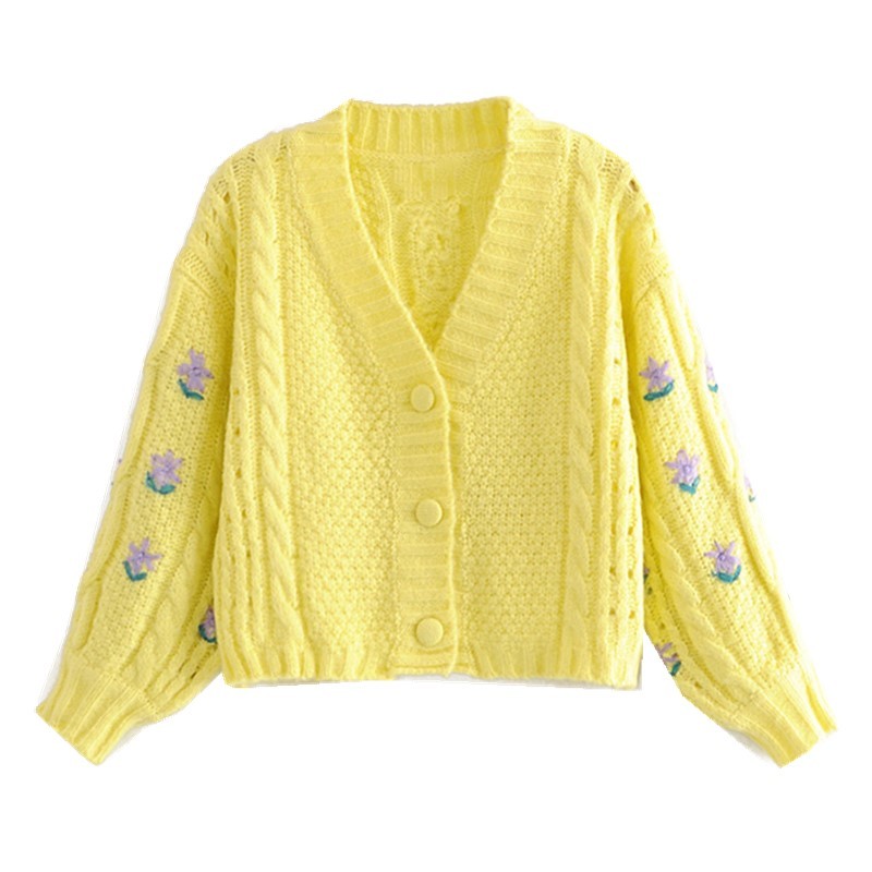 Stylish Women Puff Sleeve Hand Crochet Flower Cardigan RetroV neck Long sleeve Knitted Cropped Sweater Punk pull Korea Clothes 210429