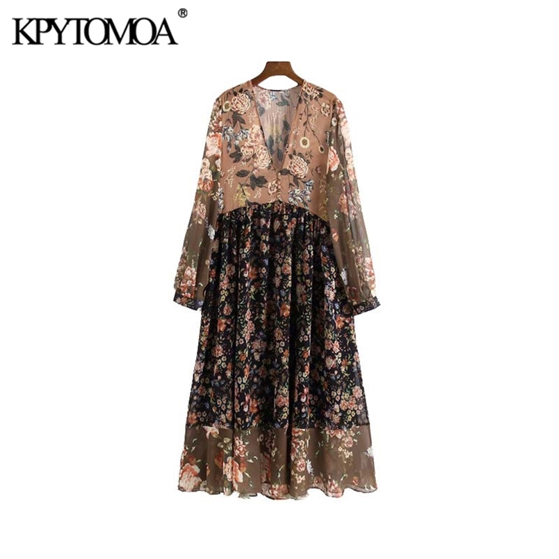 Women Chic Fashion Floral Print Chiffon Midi Dress V Neck See Through Sleeves Female Dresses Vestidos Mujer 210420