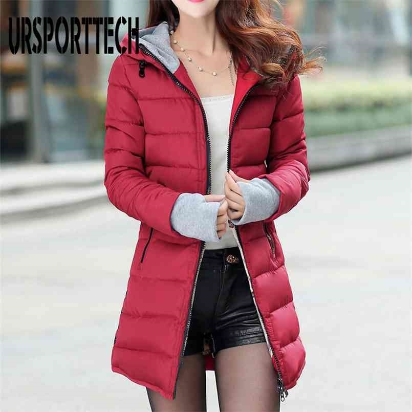 URSPORTTECH Winter Jacket Women Hooded Long Parka Warm Slim Winter Coat Woman Puffer Jacket Oversized Padded Outwear Coat Women 210819