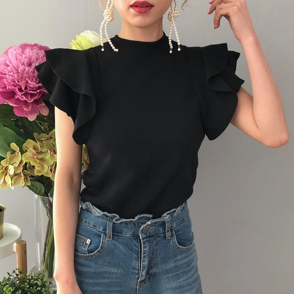 Summer Autumn Knitted Tops Women Short Ruffle Sleeve Sweater Korean Femme Chic Jumper Clothing Outwears 210422