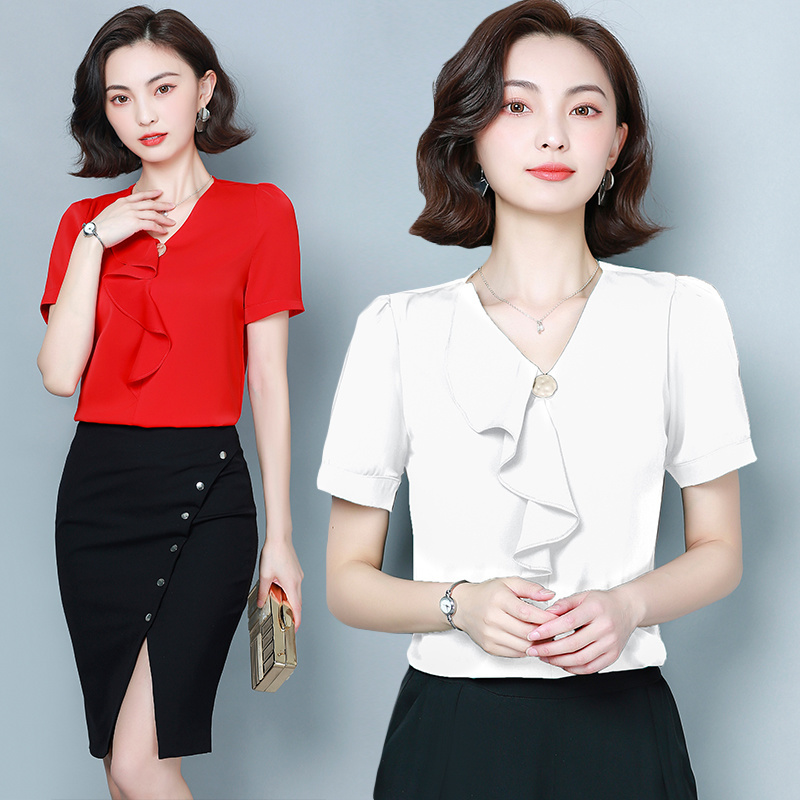 Ladies Tops Short Sleeves Shirt Women Clothes Solid Chiffon Blouse V-neck Shirts Butterfly Womens and Blouses 9048 50 210506