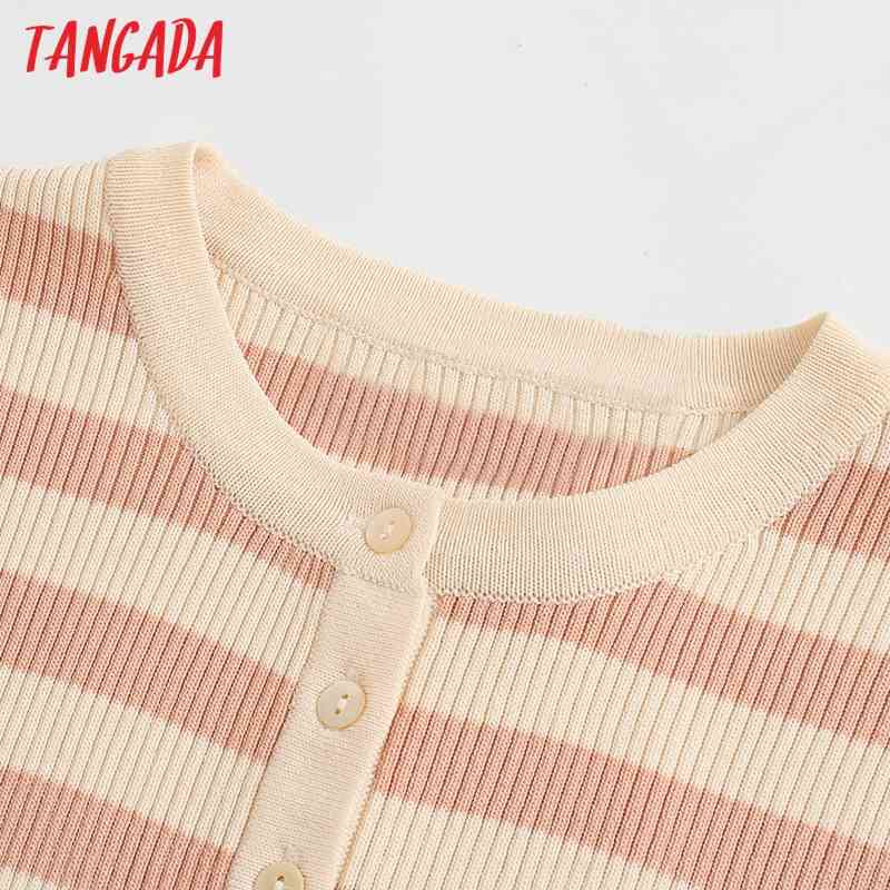 Women Striped Cropped Knitted Cardigan Sweater Thin Spring Long Sleeve Female Outerwear Chic Tops BE338 210416