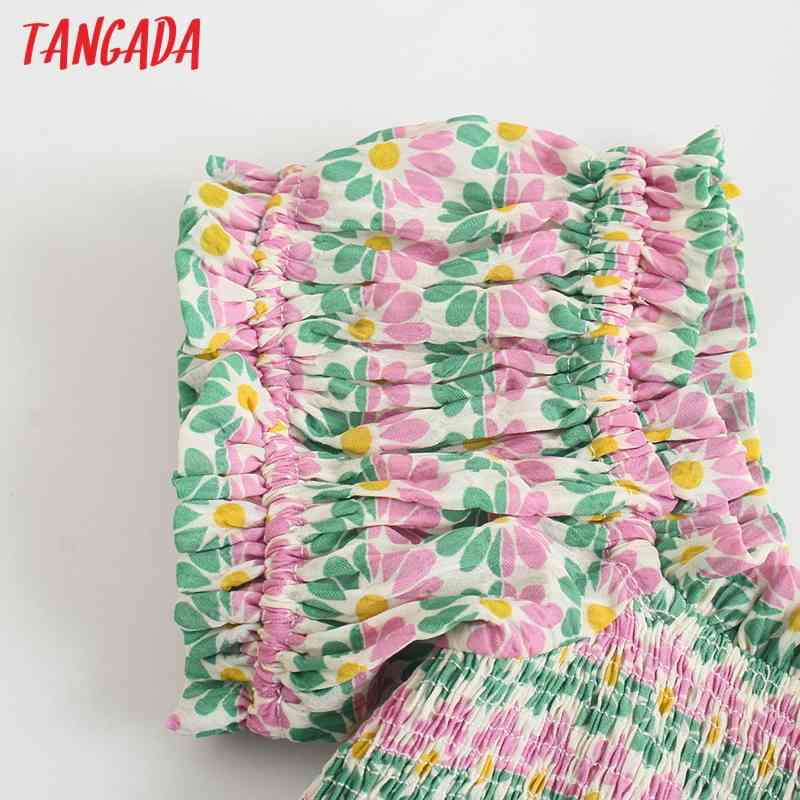 Women Floral Green Pleated Crop Shirts Bow Sleeve Summer Female Short Tops Blouses 5Z100 210416