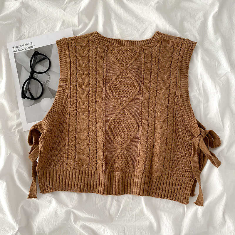 Ezgaga Women Sweater Vest Autumn Korean Argyle Bandage Pullover Sleeveless Solid Loose Knit Waistcoat Short Streetwear 210819