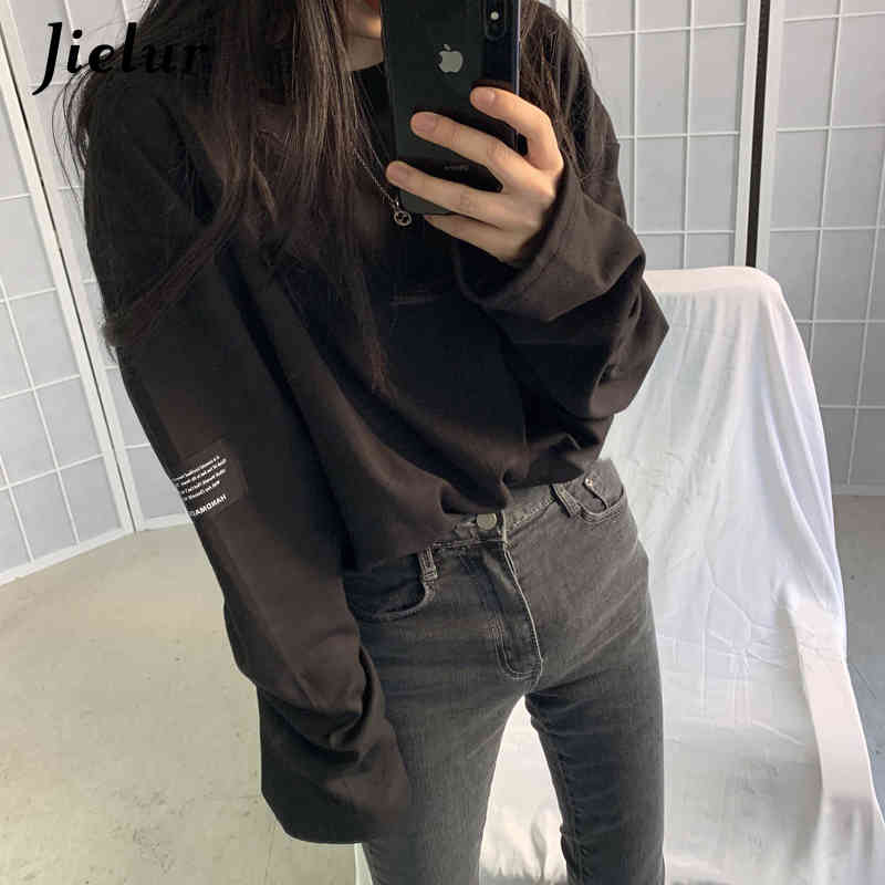 Jielur Korean Style Fashion Long Sleeve T-shirt Women Harajuku BF T-shirts Spring Loose Couple Tees White Top Hipster Clothing 210406