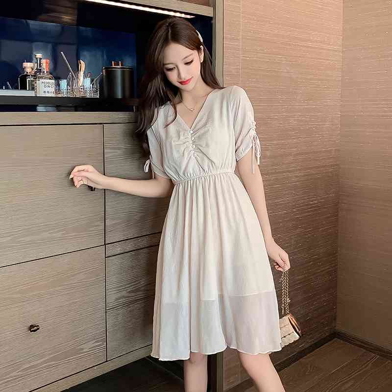 Paragraph Summer Women's Temperament Small Fresh Chiffon Dress High Waist V-neck Pile Sleeve Slim Mid Length A-line Skirt 210515