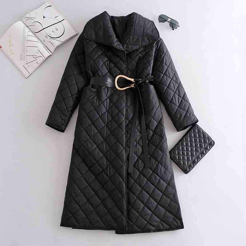 Winter Lapel Quilting Plaid Stay Warm Parka Coat With Belt Women Extra long Trench Jacket Outerwear Elegant Black 210429