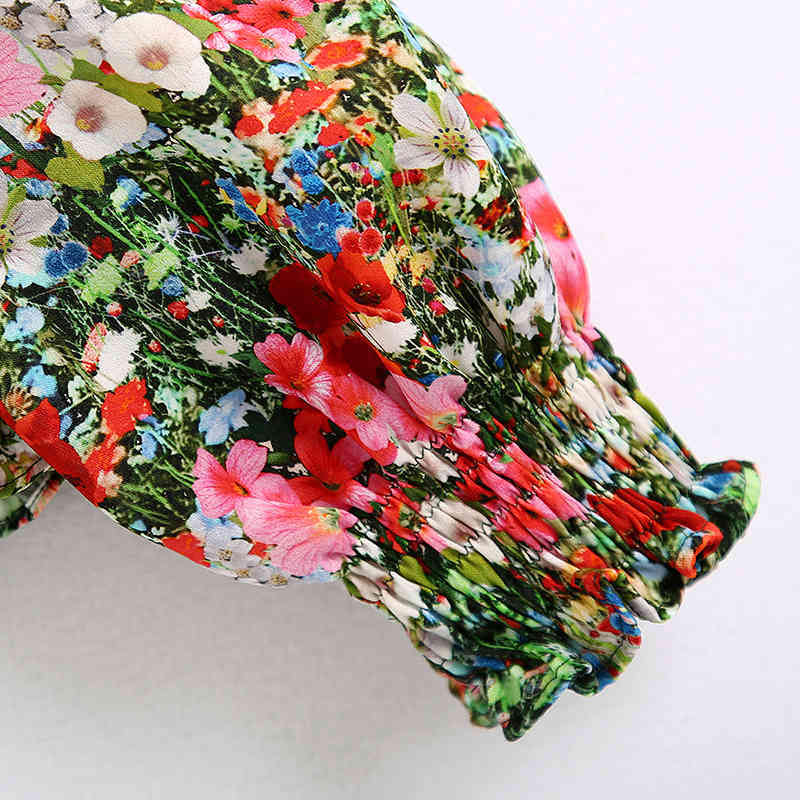 Boho Floral Print Womens Tops And Blouses Puff Sleeve Hollow Out Shirt Elastic Waist Holiday Blouse Top Camisas Mujer 210515