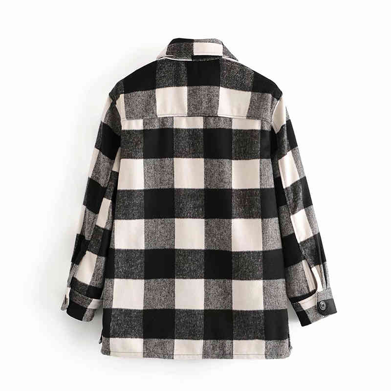 black and white plaid women pocket shirt autumn fashion oversize streetwear female turn down collar thick 210430