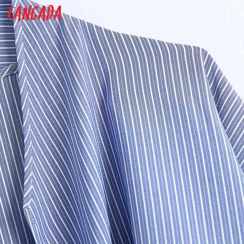 Women Blue Striped Tie Bow Shirt Vintage V Neck Long Sleeve Female Shirts Blusas Chic Tops BE500 210416