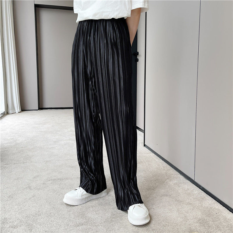 IEFB Men's Black Pleated Pants Men's Summer Korean Loose Casual Straight Wide Leg Pants Elastic Waist Pants 9Y7522 210524