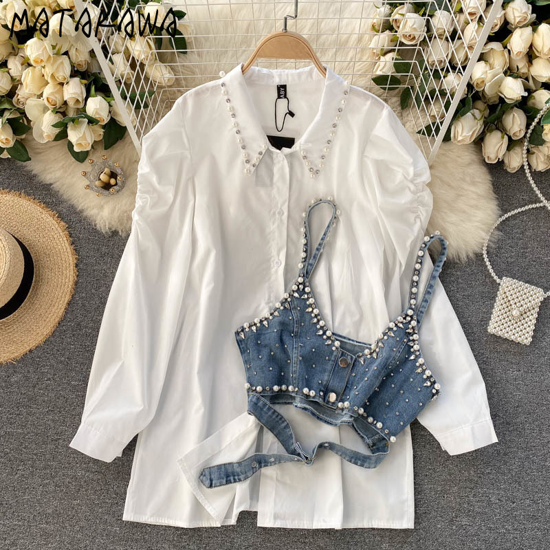 MATAKAWA Loose Women Blouses Lapel Beaded Ladies Shirt Stacking Bead Sling Waistcoat Chic Fashion Two-piece Set Women 210513