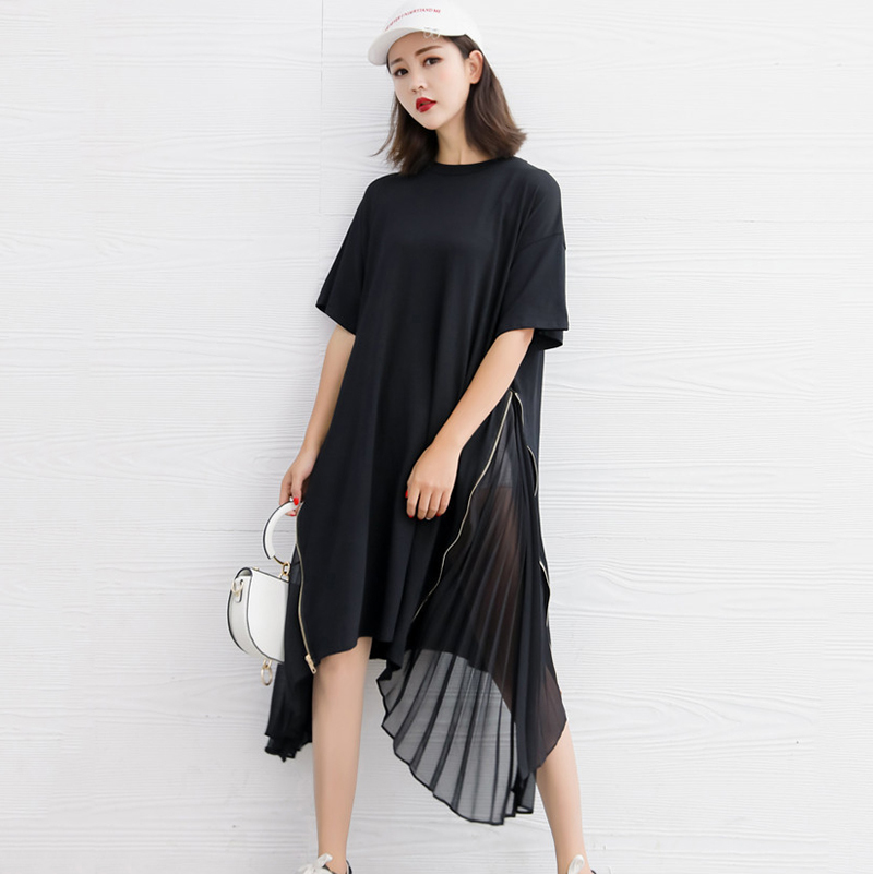 Spring Summer Woman New Black Color Short Sleeve O-neck Long Loose Spliced Pleated Chiffon Irregular Dress LI435 210331