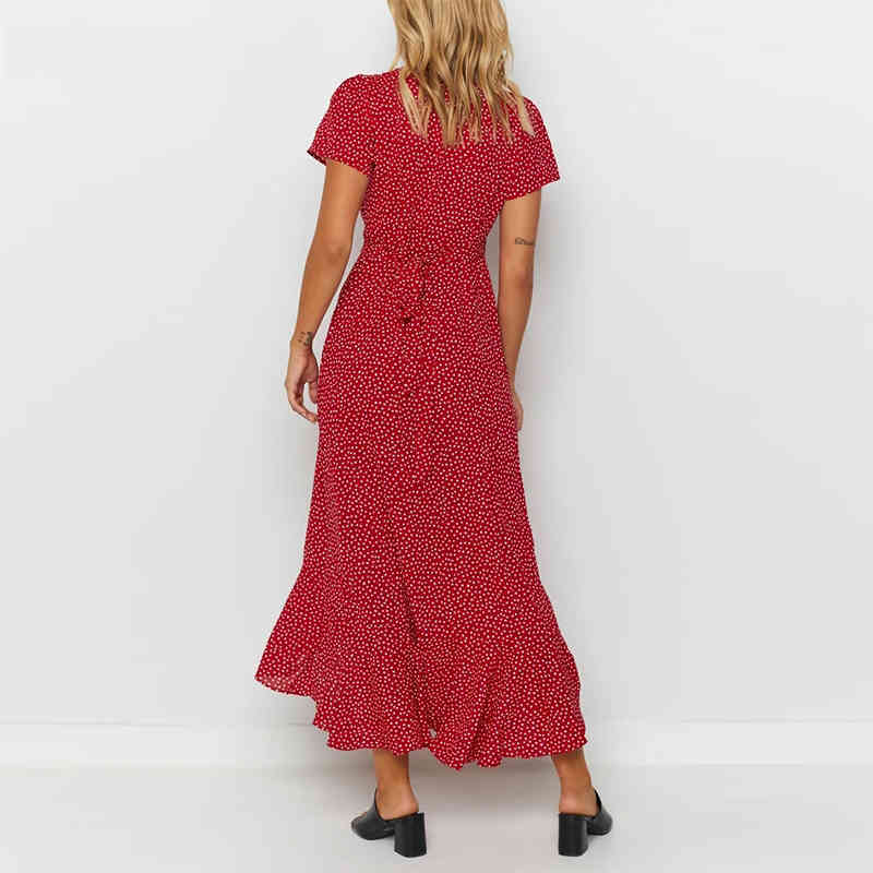 Women Bohemian Summer Long Dresses Floral Print Ruffles Split Maxi Dress Short Sleeve Casual Sundress Beach Dress 210414