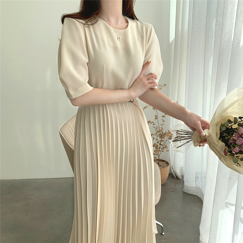 Women Elegance Brief Pleated Sweet OL Solid Slim Streetwear Short Sleeves Gentle Long Dresses Vestidos 210421