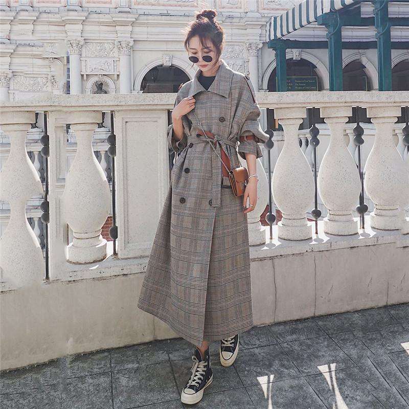 Spring Autumn Korean Retro Long Plaid Trench Coat Women Clothing Large Size Sleeve Windbreaker Overcoats M220 Women's Coats