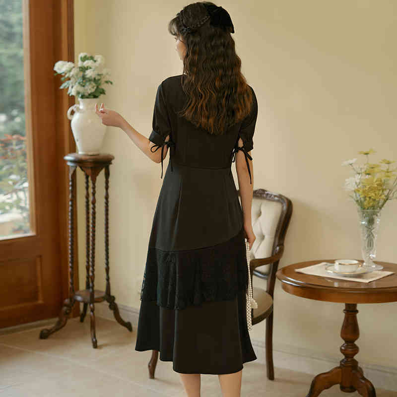 Summer Square Collar Slim Thin Dress Women Short Sleeve Elegant Vintage Dress Lace-up Dress Korean Bandage Chic 210521