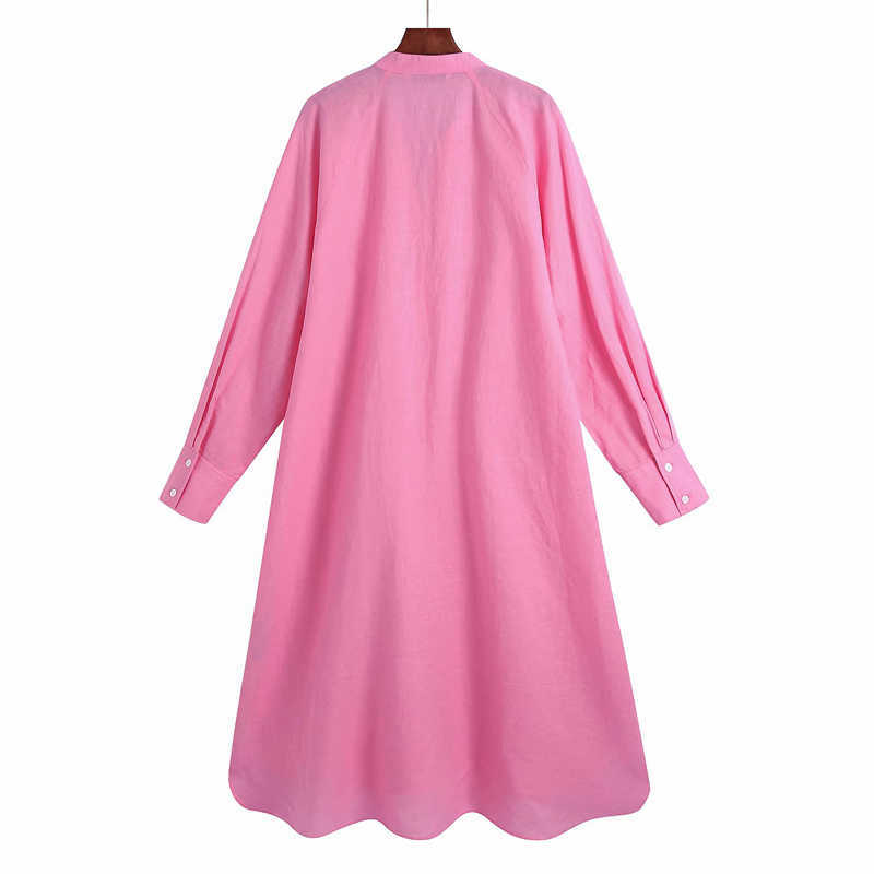 KUMSVAG Women Summer Linen Loose Shirts Dress V-Neck Long Sleeve Female Elegant Vintage Knee-Length Dresses Vestido OYK2509 210630