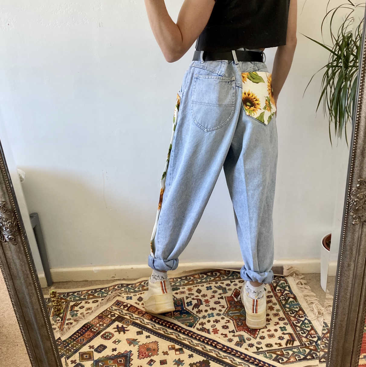 Trend Sunflowers Printed Light Blue Jeans fit women young Girls soft denim long pant patchwork Harem hight waist jeans 210915