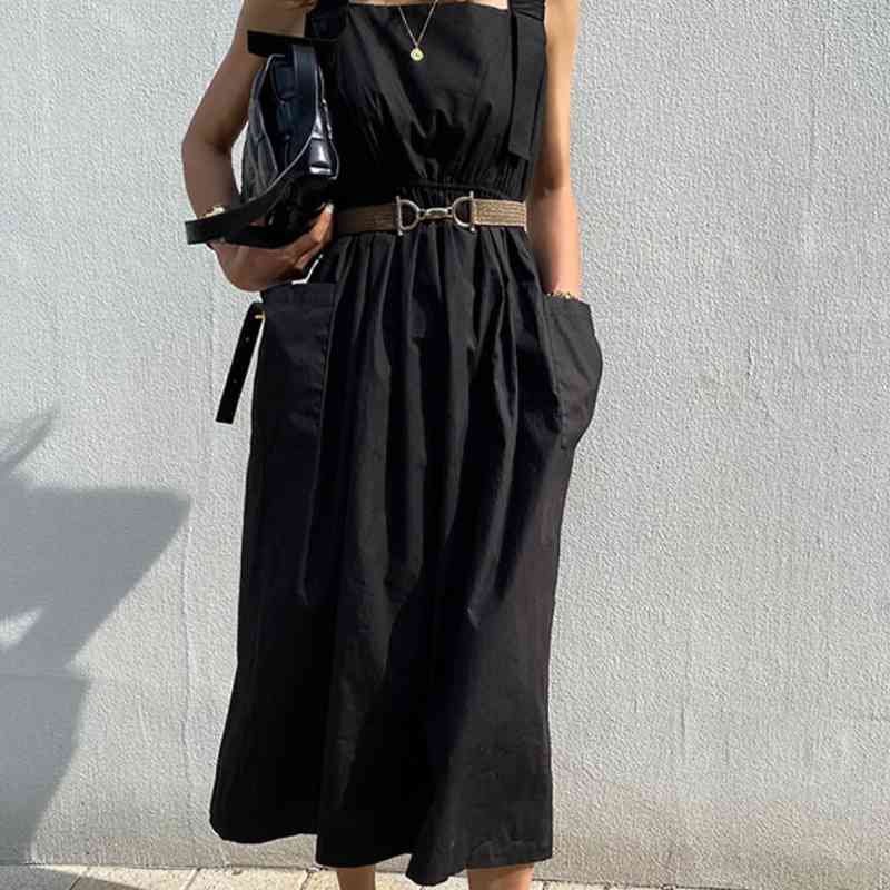 Nomikuma Korean Pleated Tank Dress Causal Pockets A-line Vestidos Femme Belt Slim Waist Sleeveless Square Collar Dresses 6H367 210427