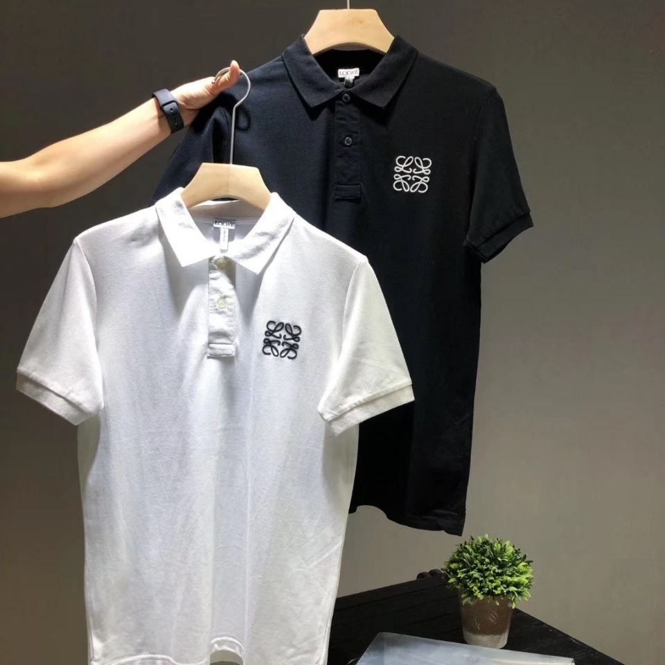 Men's Womens Loewe Polo Shirt Chest Embroidery Classic LOGO Cotton Loose Crew Neck T-Shirts, White;black