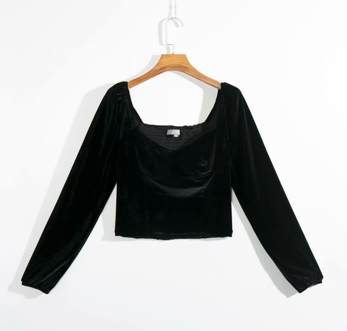 Spring Harajuku Slim Solid Color Velvet Pullovers For Women Velour Long Sleeve Blouse Elastic Ruched Body Cropped Tops 210429