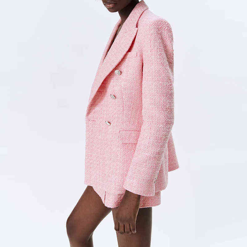 WXWT Za Fashion Women's Set Pink Plaid Tweed Blazer Coat and Shorts Ladies Chic High Street 2 Piece CD8093 211106