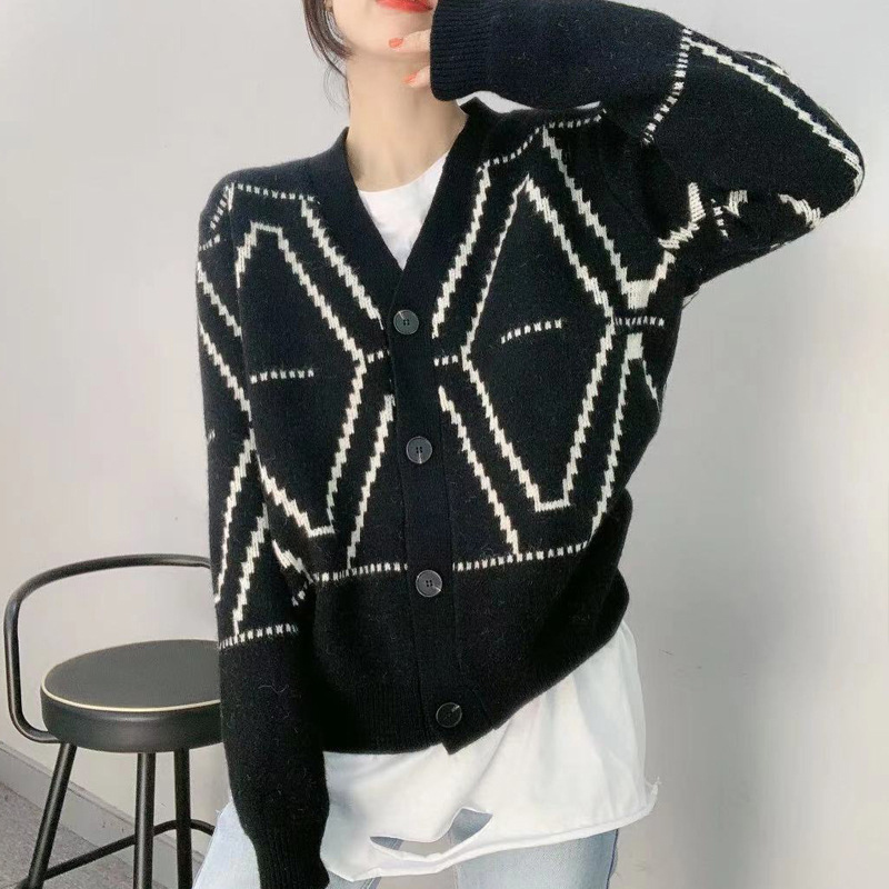 Knitted Cropped Cardigan Women Spring Autumn Korean Style Red Argyle Long Sleeve Female Sweater Knitwear Short 210421