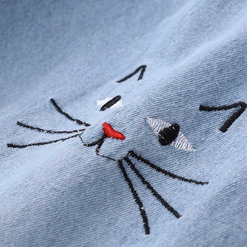 Dark/Light Blue Jeans For Women Ladies Spring Autumn Fashion Embroidery Cat Beard Pattern Casual Denim Pants Korean Style 210922