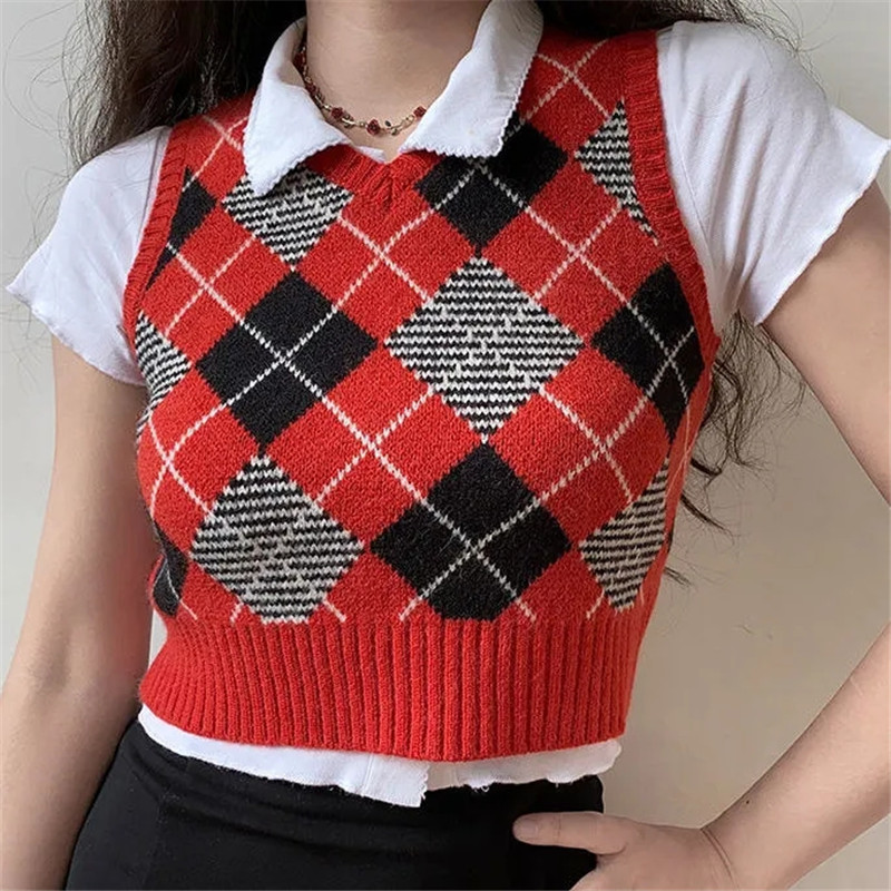 Vintage Plaid Sweater Vest Women V-Neck Slim Short Sleeveless Casual Preppy Pullovers Knitted Female Tank Tops Students 210421
