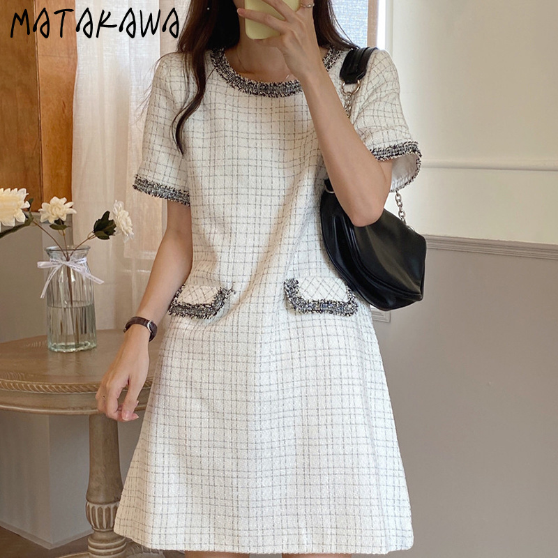 MATAKAWA Gold Silk Thread Woven Women Dress Plaid Loose Edging Robe Femme Short Sleeve Vestidos Elegant Round Neck Dresses 210513