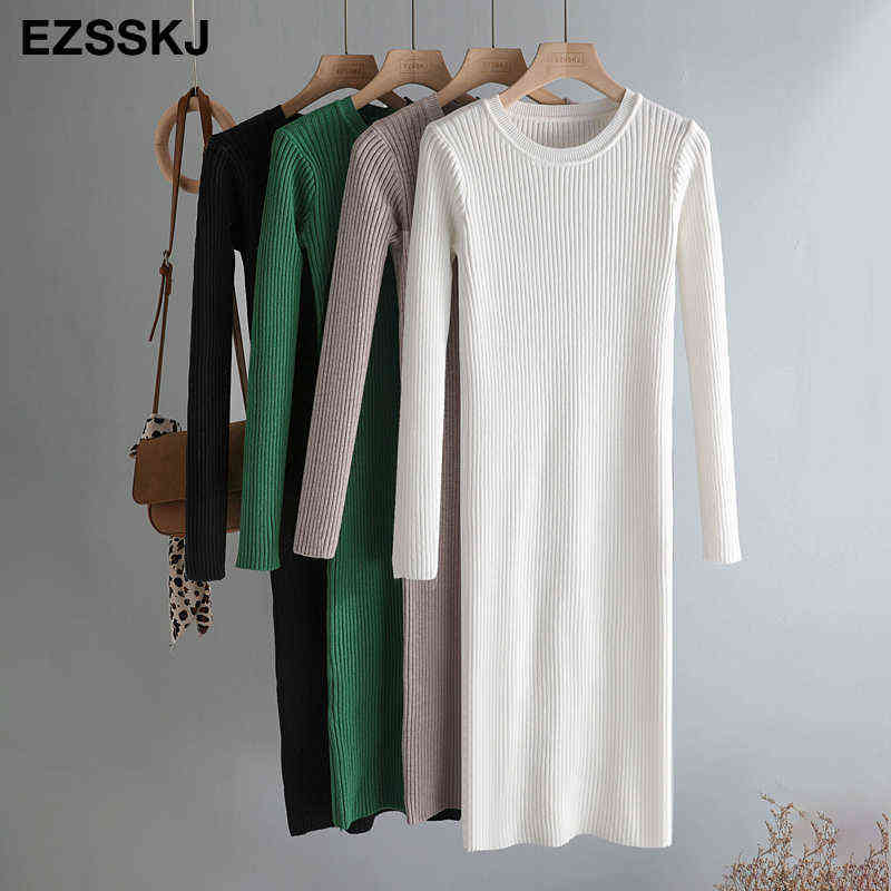 elegant Autumn Winter basic Maix Sweater dres solid bodycon Thick dress Female Jumper O-neck slim knit dress Long sleeve 211221