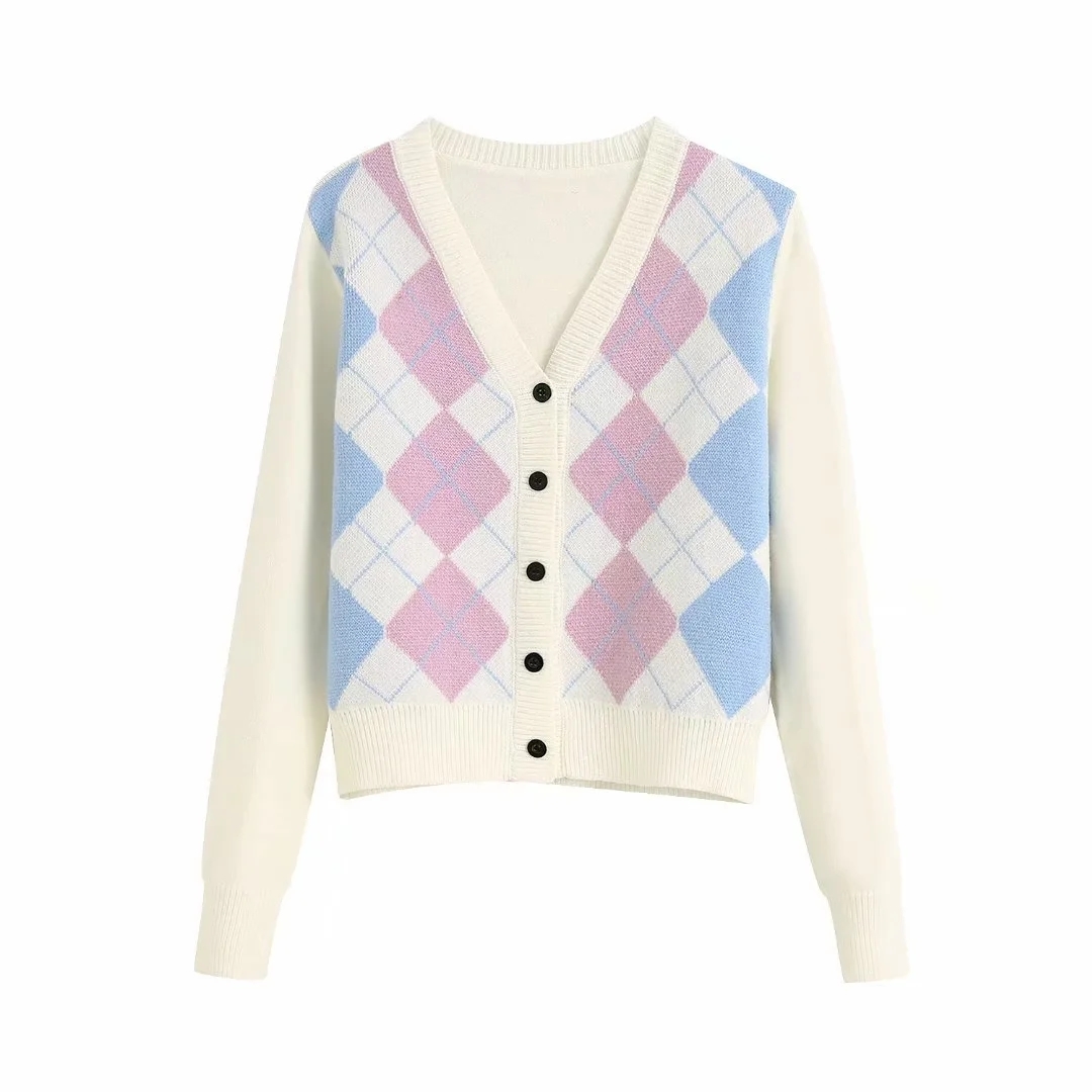 Vintage argyle pink Cardigan sweater women crop Sweater Fashion Long Sleeve knitted casual coat Chaqueta 210521