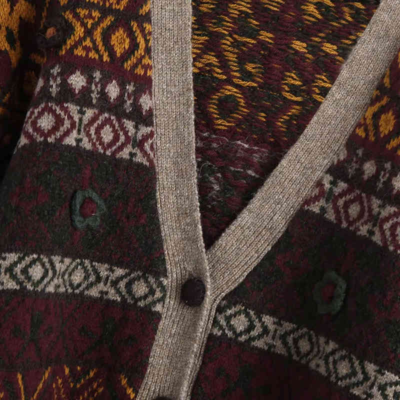 Retro Tribal Ethnic Style Jacquard Sweater Long Sleeve V-Neck Knitted Cardigan Autumn And Winter Sweet Floral Jacket 210521