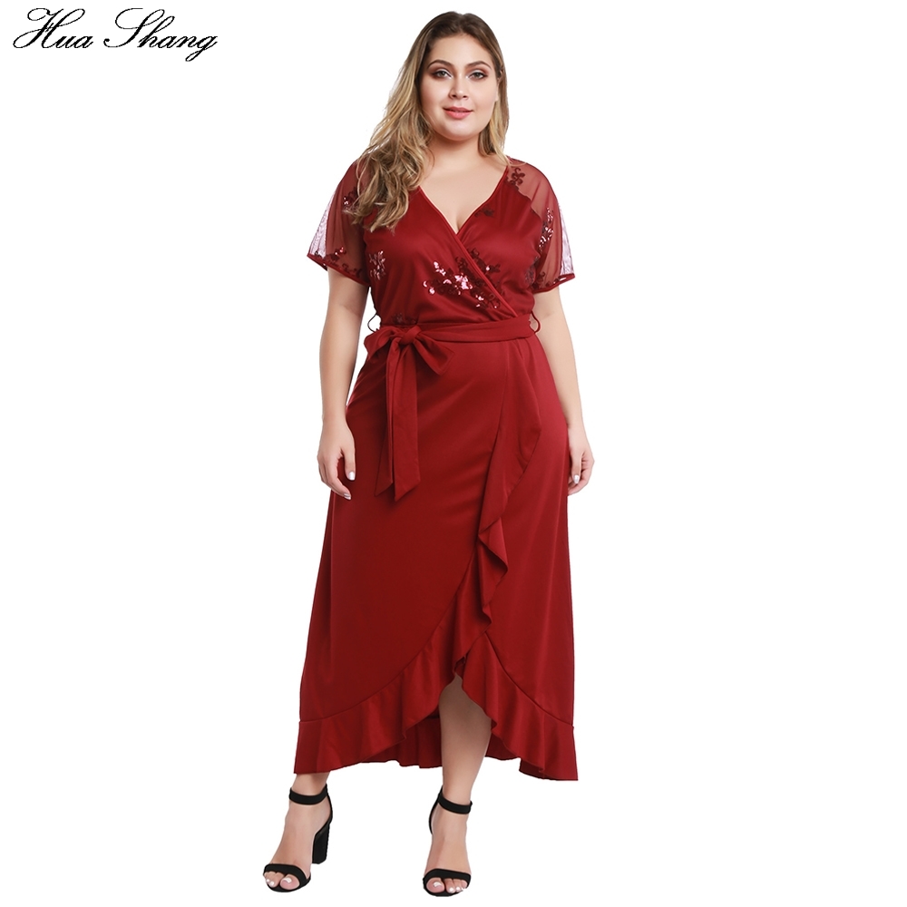 Women Summer Casual Dress Plus Size Female V Neck Short Sleeve Sequied Party Dresses Ruffles Irregular Maxi Long Dress 210331
