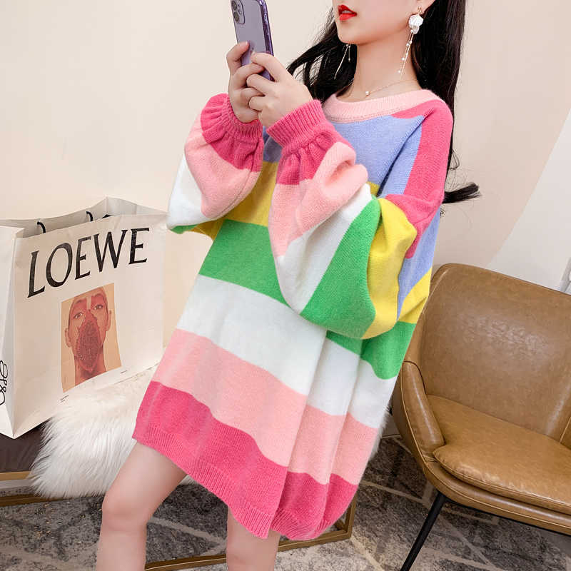 H.SA Women Winter Long Sweaters Casual Striped Rainbow Pull Sweaters Oneck Chic Streetwear Korean Oversized Pullover Roupa 210716